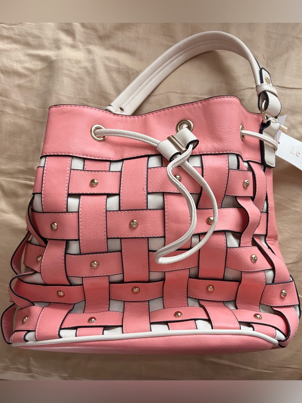 NWT Woven Drawstring Shoulder Bag in Coral and Cream